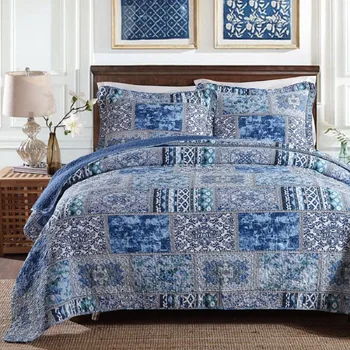 

Blue Quilted 100%Cotton Patchwork Bedspread Coverlet Quilt Set 3PCS Full or Queen Size Quilted Bed Cover Blanket with Pillowcase