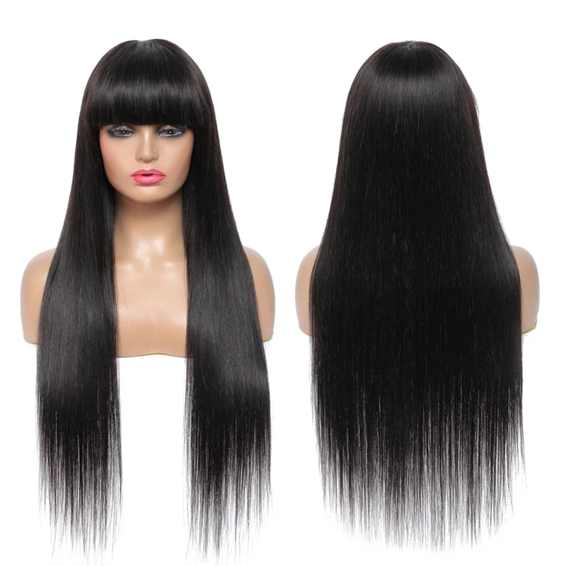 Brazilian Straight Wigs With Bangs SOKU Machine Made Human Hair Wigs For Black Women Non-Remy Natural Color Human Hair Wig
