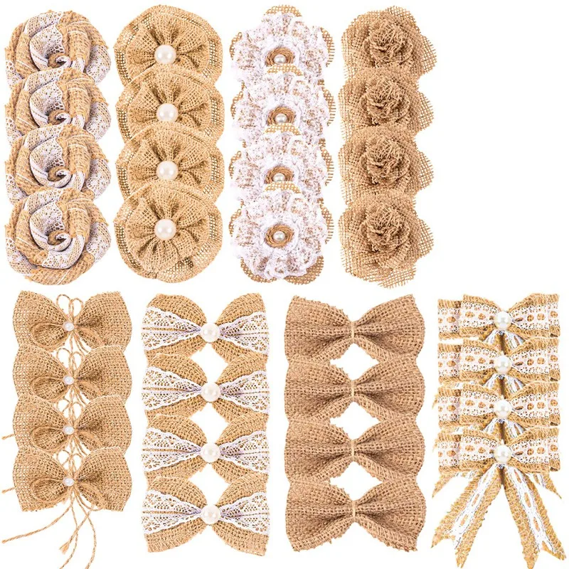 32 шт мешковины цветы и мешковины Bowknots набор, включая винтажные мешковины розы цветы, джутовый шпагат мешковины цветы, жемчужные мешковины Flo