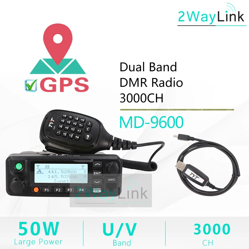 TYT MD-9600 Talkie “иди и болтай Walkie 50 км мобильный DMR автомобиль радио цифровой 136-174/400-480 МГц Dual Band RT90 DMR радио 3000CH 50/45/25 Вт FCC, аддитивного цветового пространства - Цвет: GPS- Cable