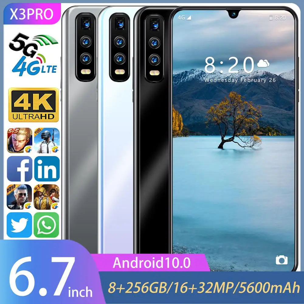 2020 New X3 Pro 5G Android 10.0 Mobile Phone 6.7 Inches Water Drop Screen 8GB 256GB Smart Phone 16MP 32MP 5600mAh Cellphone