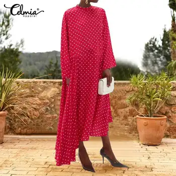 

Celmia Bohemian Sundress Women Polka Dot Long Maxi Dress 2020 Long Sleeve Asymmetric Party Ruffles Vestidos Plus Size Robe Femme