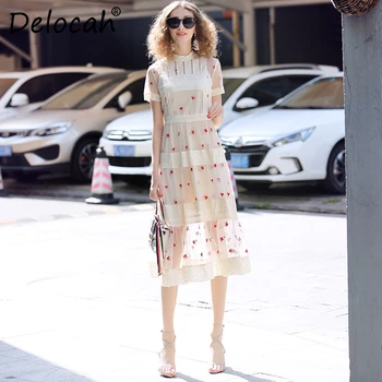 

Delocah Runway Fashion Summer Mesh Dress Women's Short Sleeve Flower Embroidery Hollow Out Elegant Casual Holiday Midi Dresses