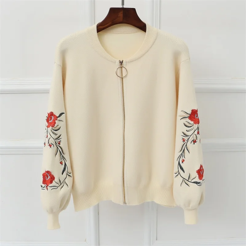 OHCLOTHING Новинка весна осень вышивка розы S/L Размер Женский вышитый свитер с длинным рукавом на молнии кардиган пальто F1761
