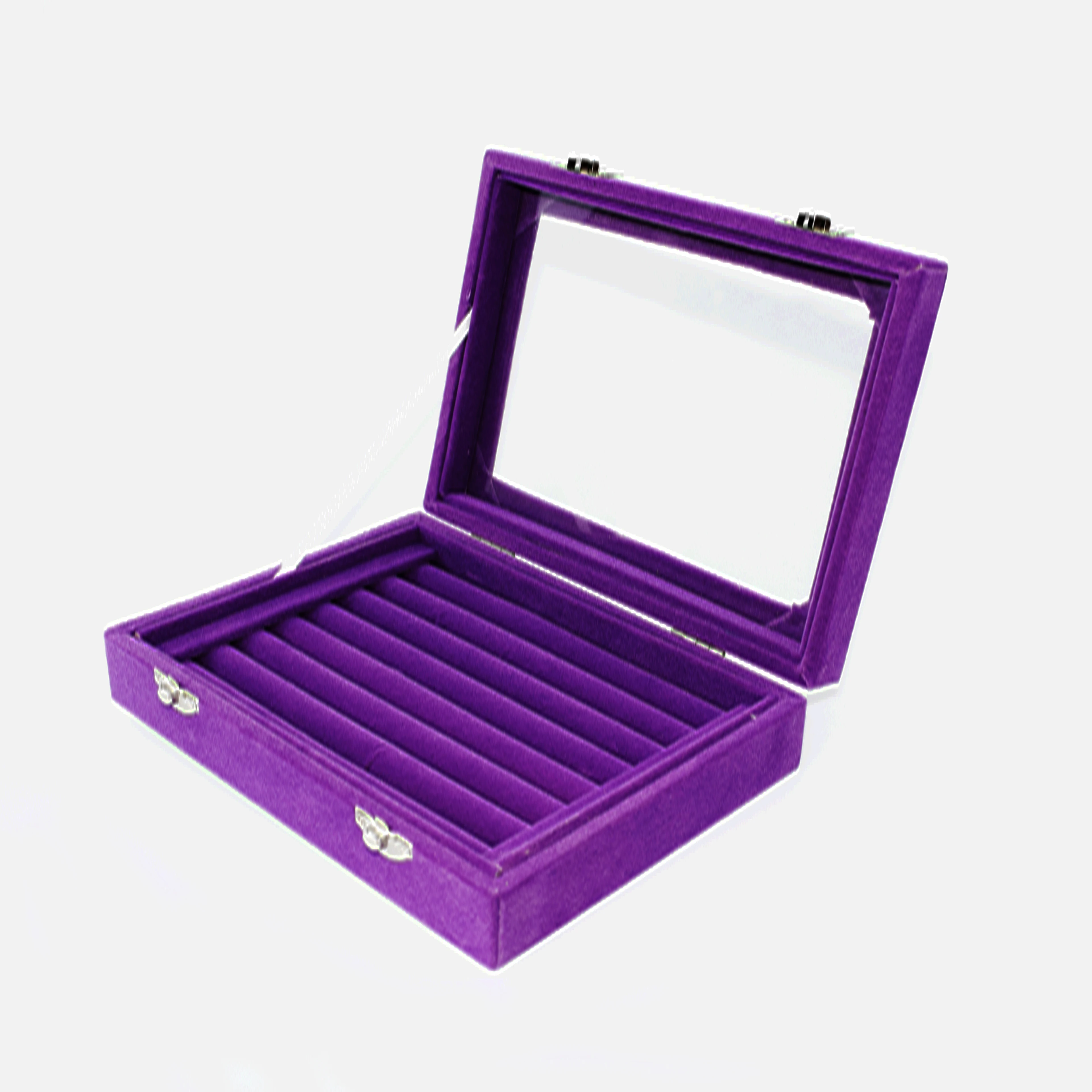 SZanbana фиолетовый 7 слотов бархатное кольцо Дисплей коробка серьги организатор ювелирных изделий лоток запонки для хранения и показать чехол с прозрачной стеклянной крышкой