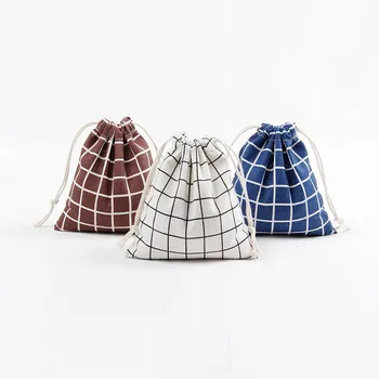 

1pc cotton storage bag pure color grid drawstring travel makeup pouch shoes bag