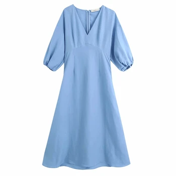 

New 2020 Women Country style V Neck Solid Casual Kimono Midi Dress ladies Lantern Sleeve chic vestido brand party Dresses DS3800