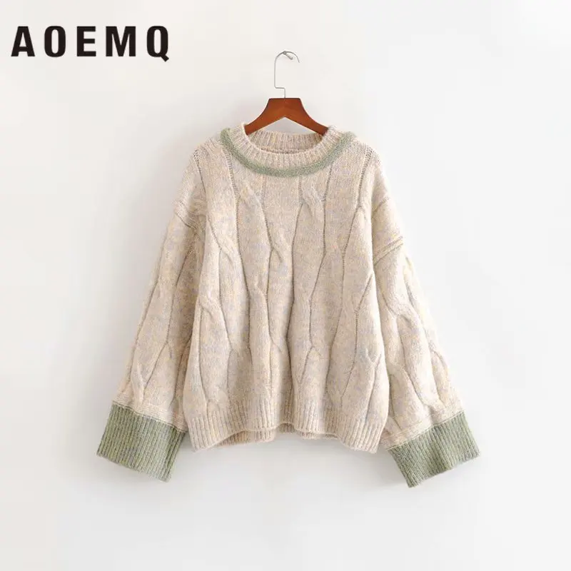  AOEMQ Thick Warm Sweaters Loose 100% Cotton 3 Colors Solid Wave Print Sweater Loose Bat Sleeve Chri