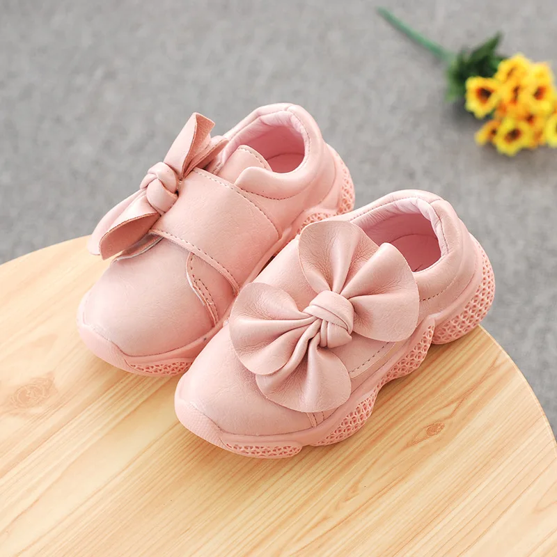 QQ-8 Pink Детская обувь с бантом; спортивные дышащие кроссовки для девочек; Детские повседневные Мягкие лоферы на плоской подошве для бега; сезон весна-осень - Цвет: QQ-8 Pink