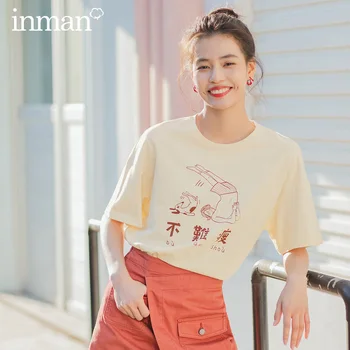 

INMAN 2020 Summer New Arrival Literary Pure Cotton Nifty Cartoon Printed Loose Slimmed Short Sleeve T-shirt