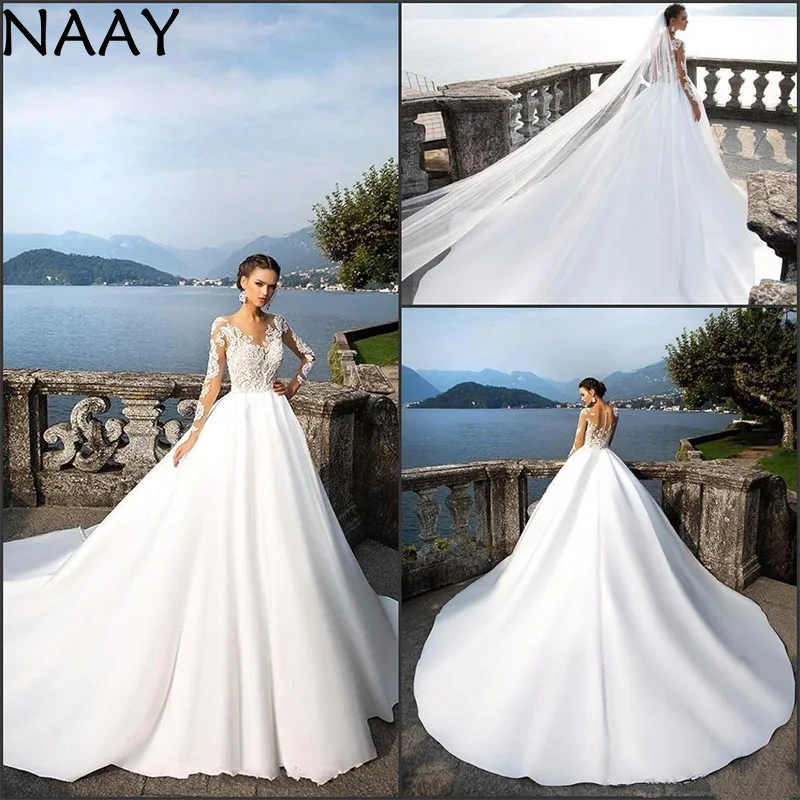 

2020 Plus Size A-Line Wedding Dresses Long Sleeve Summer Beach Bridal Gowns Vintage Lace Illusion Sheer Back Court Train