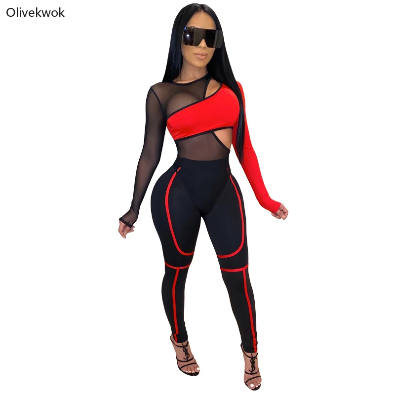 Olivekwok Sexy Two Color Patchwork See-through Mesh Full Sleeve Bodysuit High Waist Leggings Suit 2 Piece Set Women S1736186 | Женская