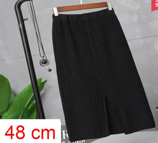 48-70 см женские юбки с эластичными лентами осень зима теплая трикотажная юбка карандаш ребристая юбка средней длины плиссированная юбка с разрезом - Цвет: black 48cm