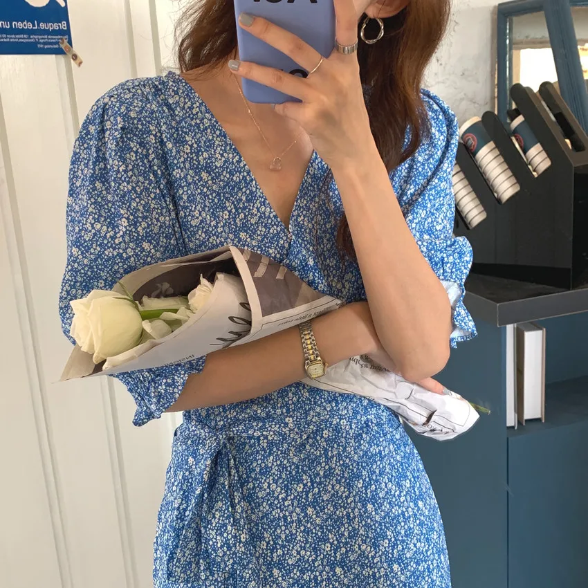 Femme Lace-Up Thin Streetwear All Match New Long Dresses 2021 Blue Sexy Prom Casual V-Neck Printed Florals Vestidos 2