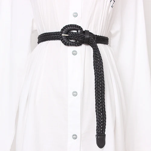 Черный New Vintage Knitted Wax Rope Wooden Bead Waist Rope Women Smooth Buckle Belt Woman Woven Female Hand-Beaded Braided Belt BZ78 - Цвет: Черный