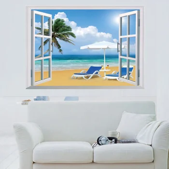 

1PC Fake Window Wall Sticker Beach Waterproof 3D Fake Scenery Wall Decal Background Decor for Living Room Hotel Hall