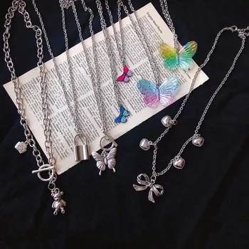 

New Butterfly Bear Lock Necklace Clavicle Chain Design Titanium Steel ins Retro Old Pendant Necklaces For Women Girl Jewelry