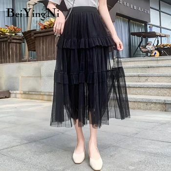 

Beiyingni New Fashion Casual Cupcake Skirt Women Pleated Patchwork Mesh High Street Elastic Waist Saias Midi Falda Mujer