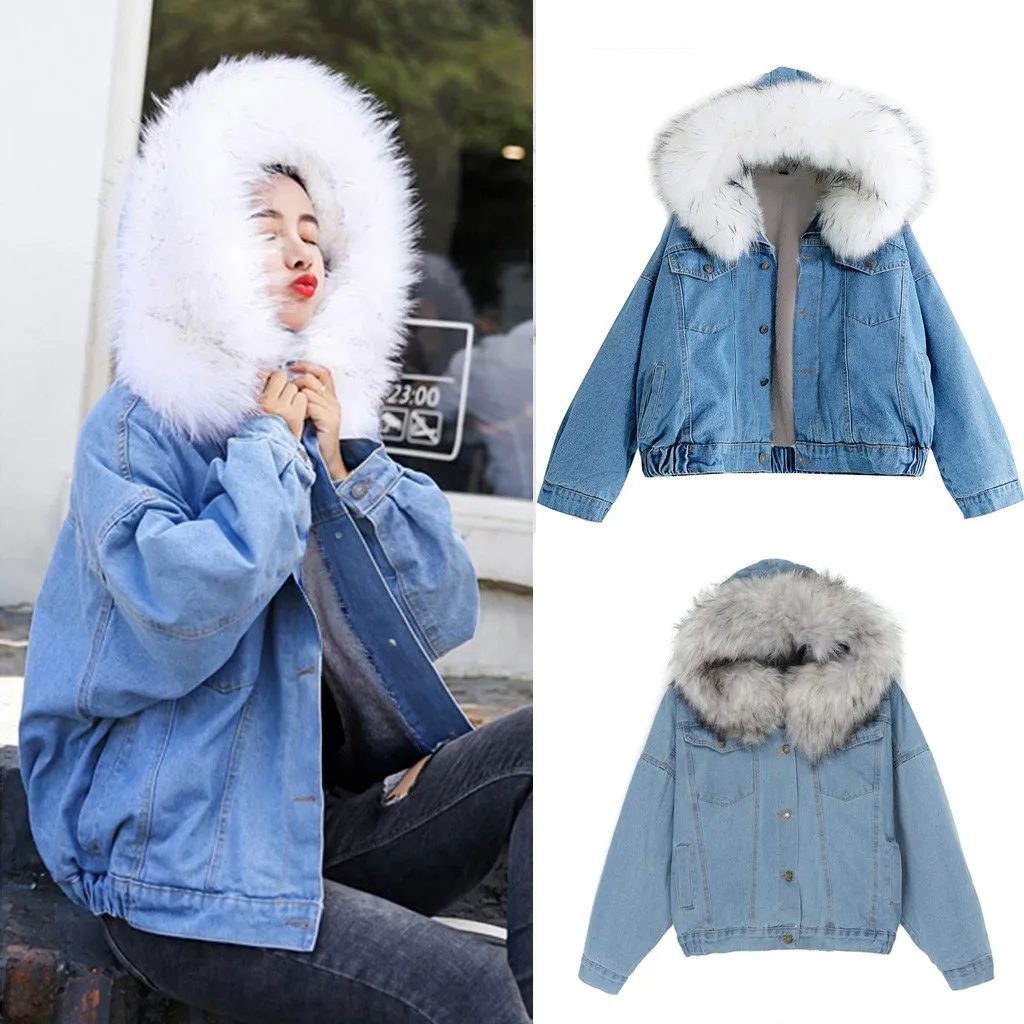 Джинсовая куртка, Женское зимнее пальто с коротким воротником, большой меховой воротник, толстый локомотив, пальто из овечьей шерсти, женское тонкое теплое короткое пальто, верхняя одежда@ D