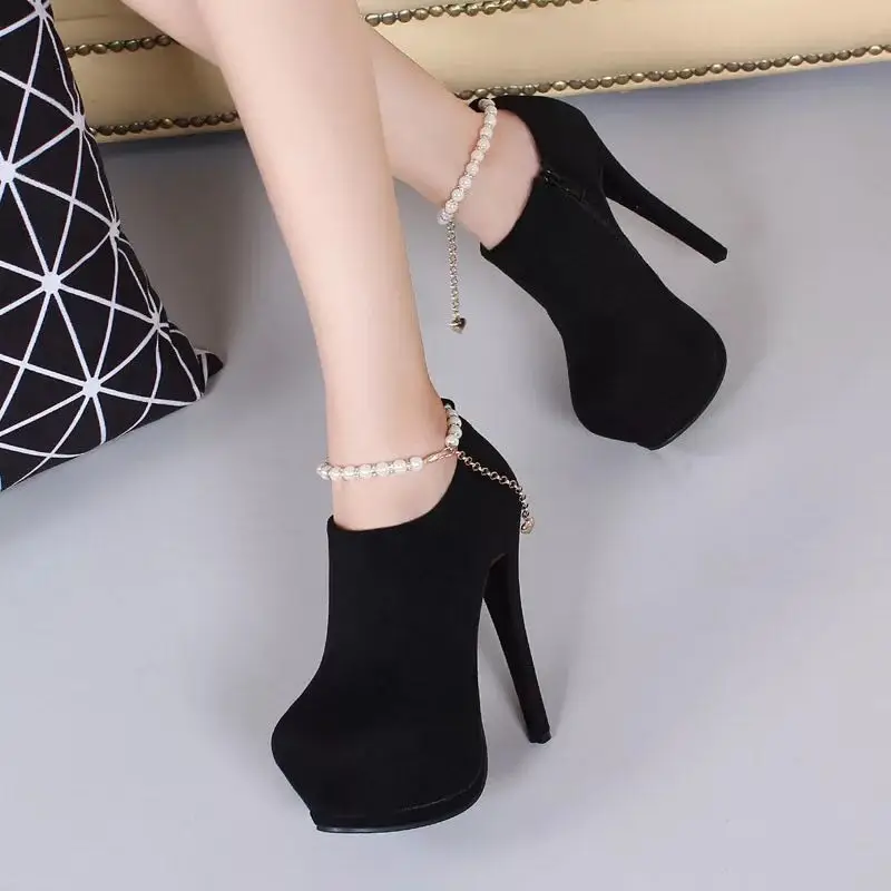 

Suede crude high heels pearl chain new 15 cm sexy waterproof platform women's shoes simple elegant super high heel single shoes