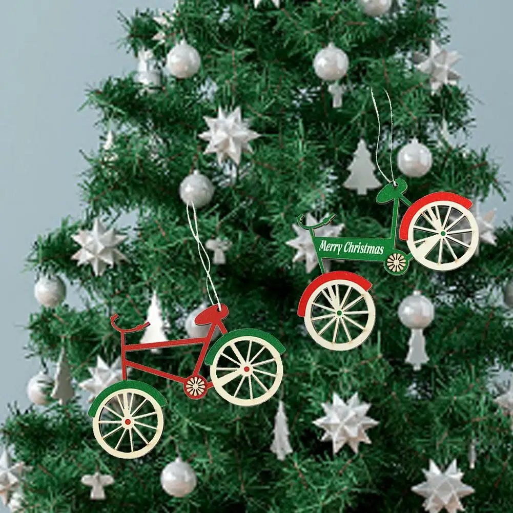 Adorno de colgante de madera con forma de bicicleta, decoración de árbol de Navidad, 2 piezas, regalo novedoso para Año Nuevo, vacaciones de Navidad, Embel|Colgantes y adornos en forma de gota| -