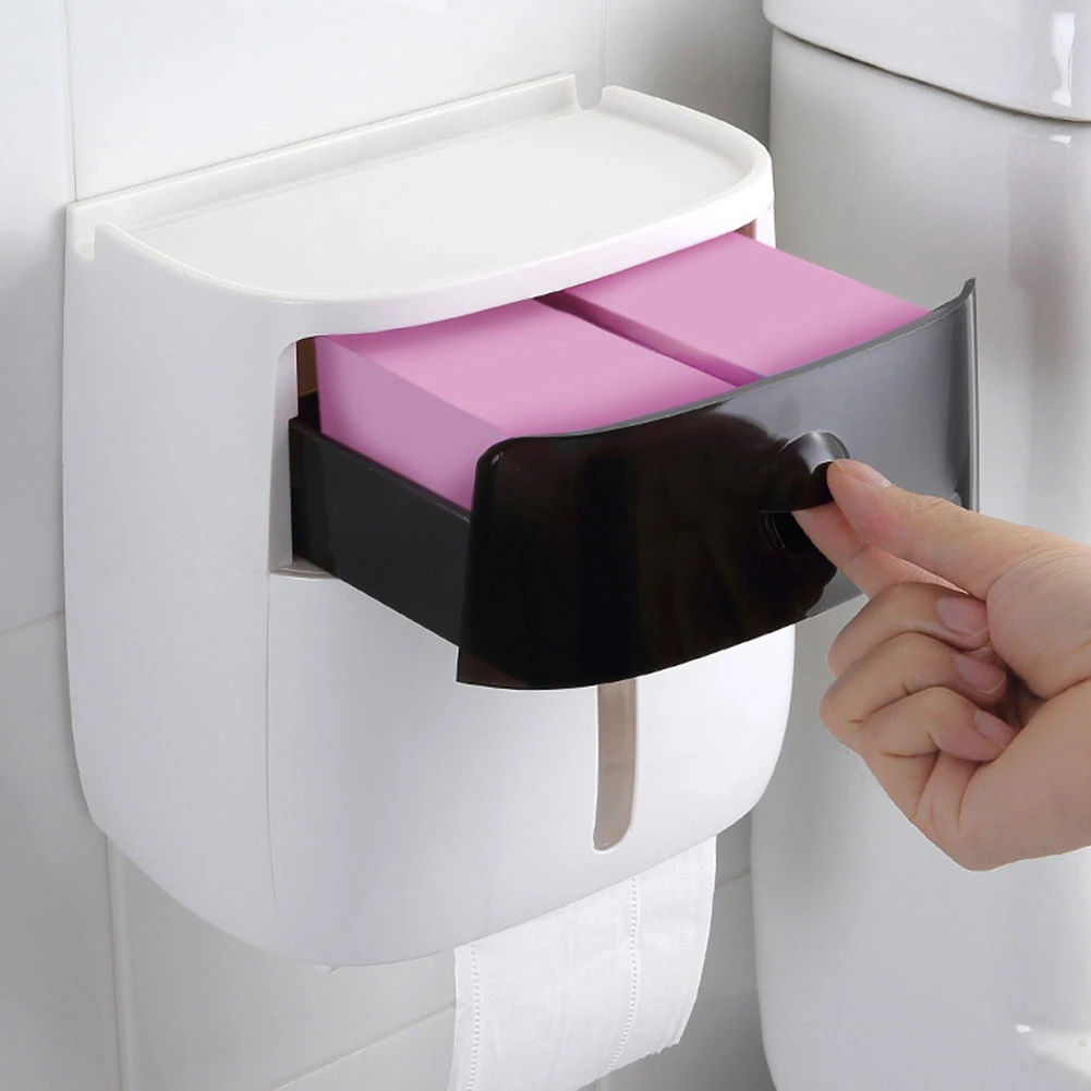 

Bathroom toilet paper holder with drawer wall-mounted waterproof double-layer structure visible window paper towel storage rack