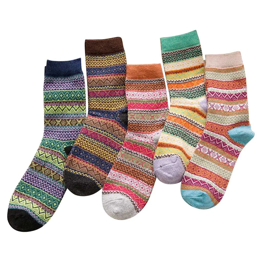 5 пар, зимние толстые теплые Полосатые Шерстяные носки, повседневные женские носки, винтажные носки, забавные носки, набор 40H