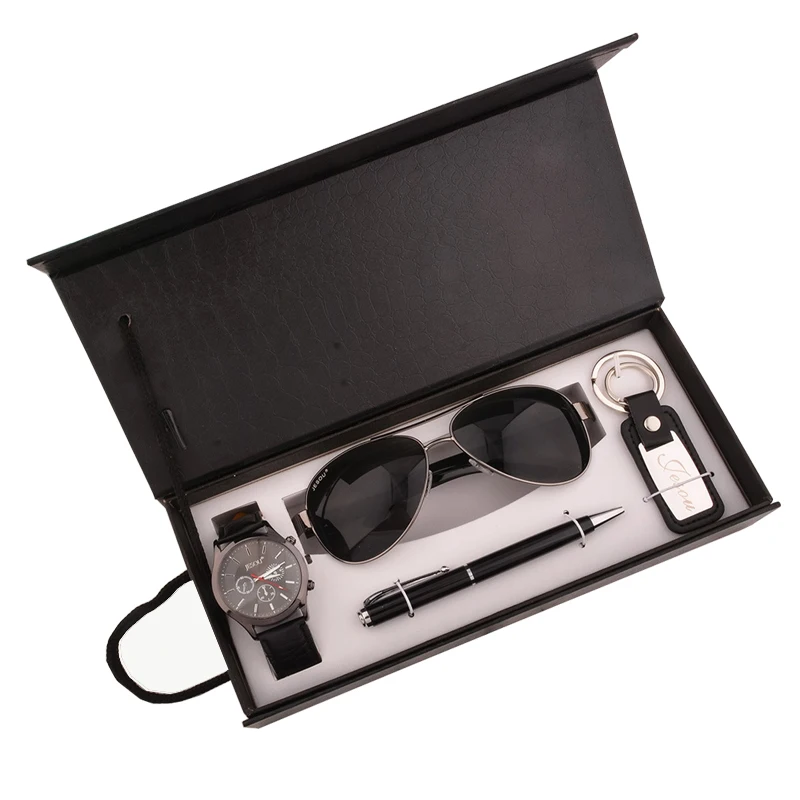 Men's Business Quartz Watch Four-piece Gift Box Set Watches Sunglasses Pen Keychain Valentine's Day Gift  Box Wristwatch Clocks