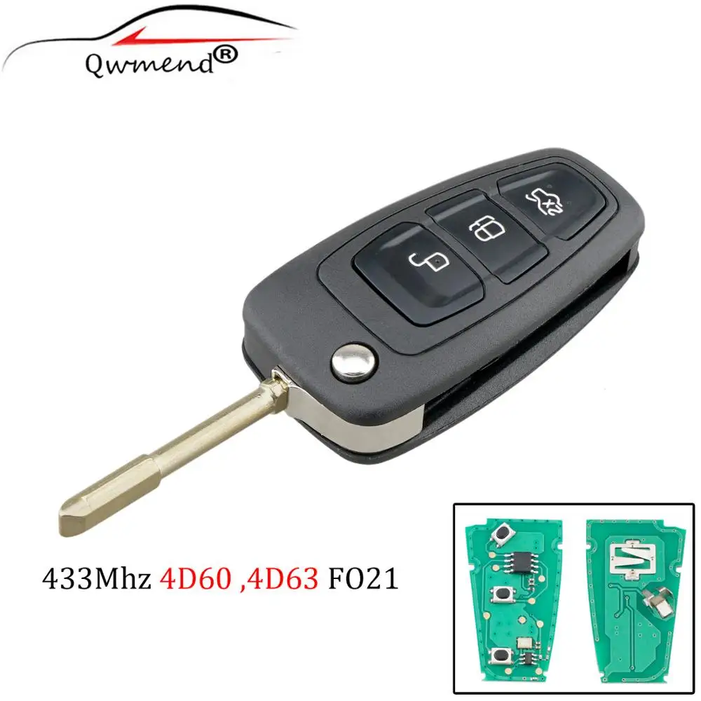 QWMEND 3 кнопки 433 МГц флип дистанционный ключ фоб чип 4D60 ID63 для Ford Focus Mk1 Mondeo Transit подключение FO21 лезвие