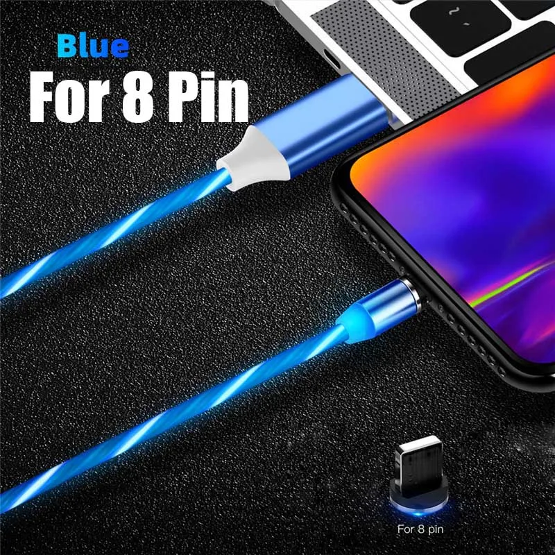 Магнитный USB C Micro USB кабель для iPhone Flow светящийся кабель провод для быстрого заряда type-C 8 Pin зарядное устройство мобильный телефон USB кабель - Цвет: For 8 Pin