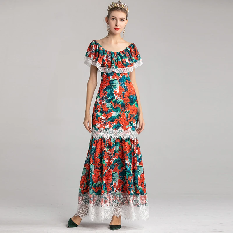 VERDEJULIAY Vintage Maxi Dress Spring Summer Fashion XXL Cloak Slash Red Flower Print Bodycon Lace Patchwork Long Dress
