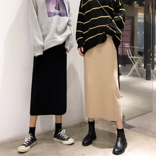 Винтажная трикотажная юбка с разрезом Женская осенне-зимняя новая Корейская шикарная элегантная женская юбка черная однотонная эластичная талия Falda Midi