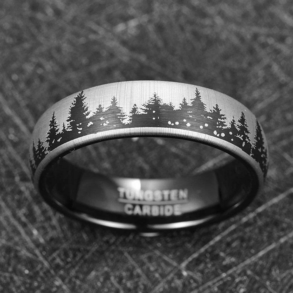 JQueen 6mm Black Laser Forest Fir Tree Christmas Tree Pattern Tungsten Carbide Ring Men's Fashion Wedding Jewelry Best Gift 3