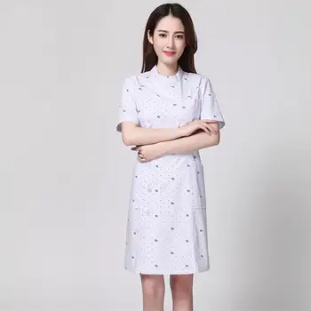 

2020 New Summer Lady White Short Sleeve Lab Coat Cotton Doctors Scientist Women Nurse Uniform Dress Costume Medical Clothing