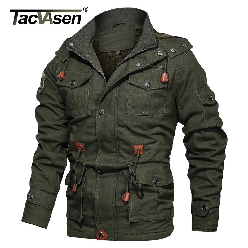 

TACVASEN Winter Hooded Fleece Cargo Jacket Men Casual Cotton Military Bomber Jacket Warm Windproof Parkas Overcoat Multi Pockets
