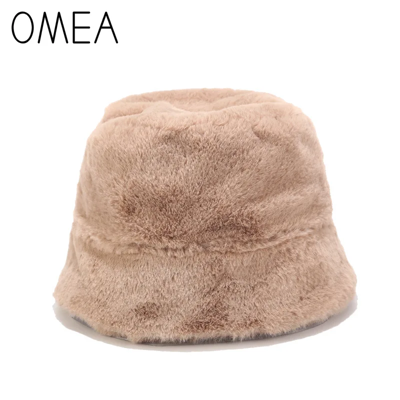 OMEA, норковая меховая шапка, женские зимние аксессуары, плюшевая шапка в рыбацком стиле, модная однотонная шапка-ведро из искусственного меха, повседневные Шапки