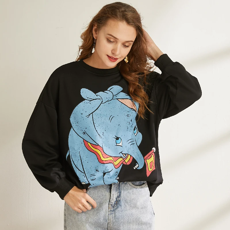 Dumbo Sweatshirt women clothing carton Elephant print autumn streetwear fashion o neck long sleeve oversize Black pullover