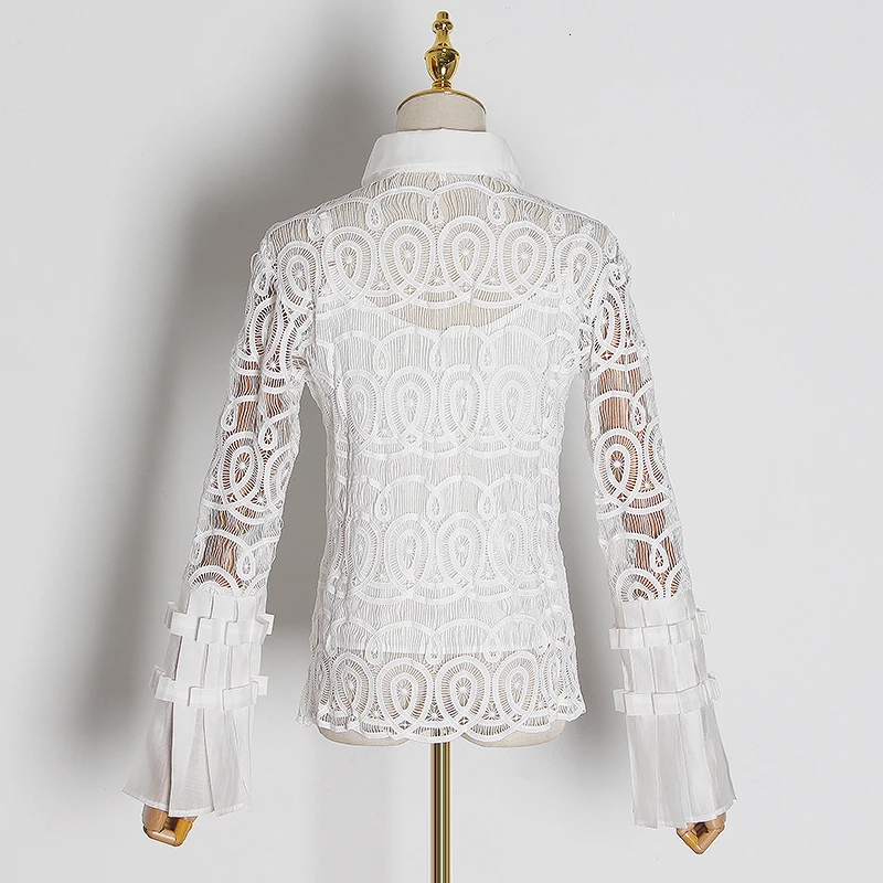 Vintage Patchwork Lace Blouses For Women Lapel Collar Long Sleeve Hollow Out perspective Button Shirts Female Fashion Tide