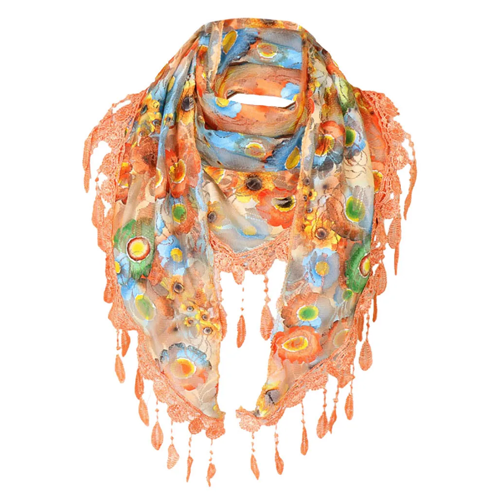 new autumn Winter Women Lace Tassel Floral Multicolor Print Hollow Scarf Shawl Wraps Scarves Jacquard fringed scarves#930