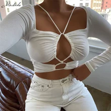

Macheda Solid Summer Fashion Slim T Shirt Women Sexy Hollow Out Square Collar Long Sleeve Knitting Street Casual Crop Top Lady