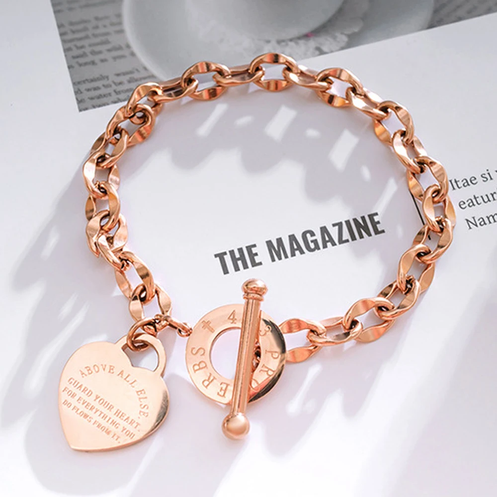 Stainless Steel Love Heart Bracelets For Women Party Gift Fashion Joyas de Chain Charm Bracelets Jewelry Wholesale Text Engraved