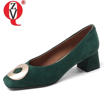 

ZVQ spring new fashion women pumps outside mid heels square toe kid suede metal decoration women shoes drop shipping size 34-40