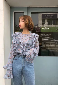 

Casual chiffon Shirts for women Fashion Floral Printed Ruffles flare sleeve blouse female Korean Vintage office wear femme