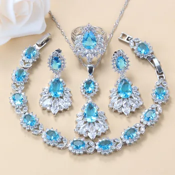 

Morrocan Big Fine Jewelry Sets Silver 925 Wedding Fashion Accessories Sky Blue Stone Stud Earrings Necklace And Bracelet Sets