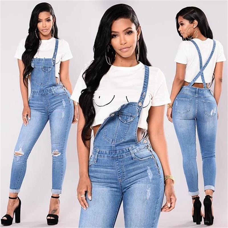 

Women Fashion Hole Jumpsuit Denim Overalls Autumn Winter Blue Strap Ripped Pockets Ankle-Length Pants Denim Jeans Jumpsuit