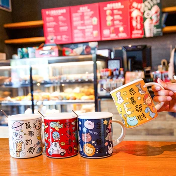

Cute Cartoon Ceramic Mug Creative Breakfast Coffee Cup with Handgrip 400ml Large Capacity Household Juice Tea Mugs New Year Gift