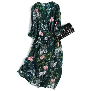 

Natural Silk Dress Print Vestidos De Iglesia Three Quarter Sleeve Straight Prairie Chic Mid-Calf V-Neck Vestidos Novos De 2020