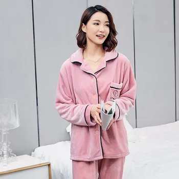 

Women Pink 2PCS Nightwear Sleep Set Autumn Winter Flannel Pajamas Set Warm Thicken Sleepwear Shirt&pant Casual Soft Home Clothes