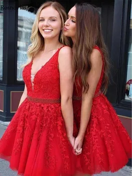 

Red Short Graduation Dresses 2020 V Neck Backless Above Knee Length Lace Appliques Beaded Prom Party Gowns Homecoming Dresses