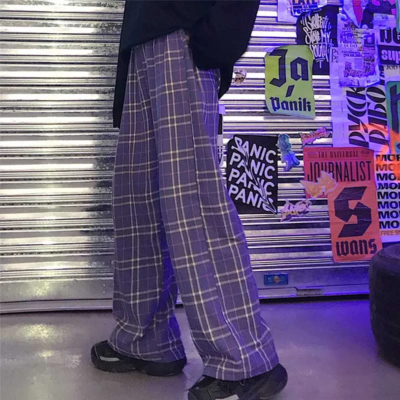 Cena NiceMix harajuku Plaid elastyczne spodnie z wysokim stanem 2019 jesień kobiety mężczyźni Streetwear Hip Hop proste spodnie spodnie w stylu casual britis